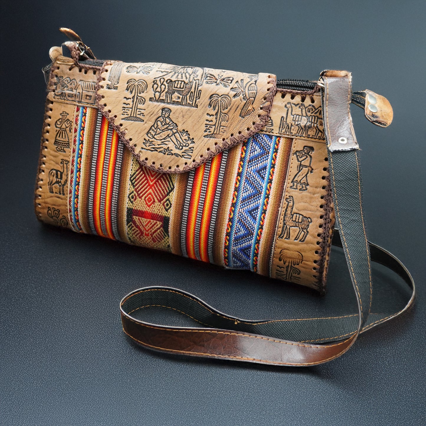 Large Peruvian Leather Handbag – Hand-Embossed with Andean Textile