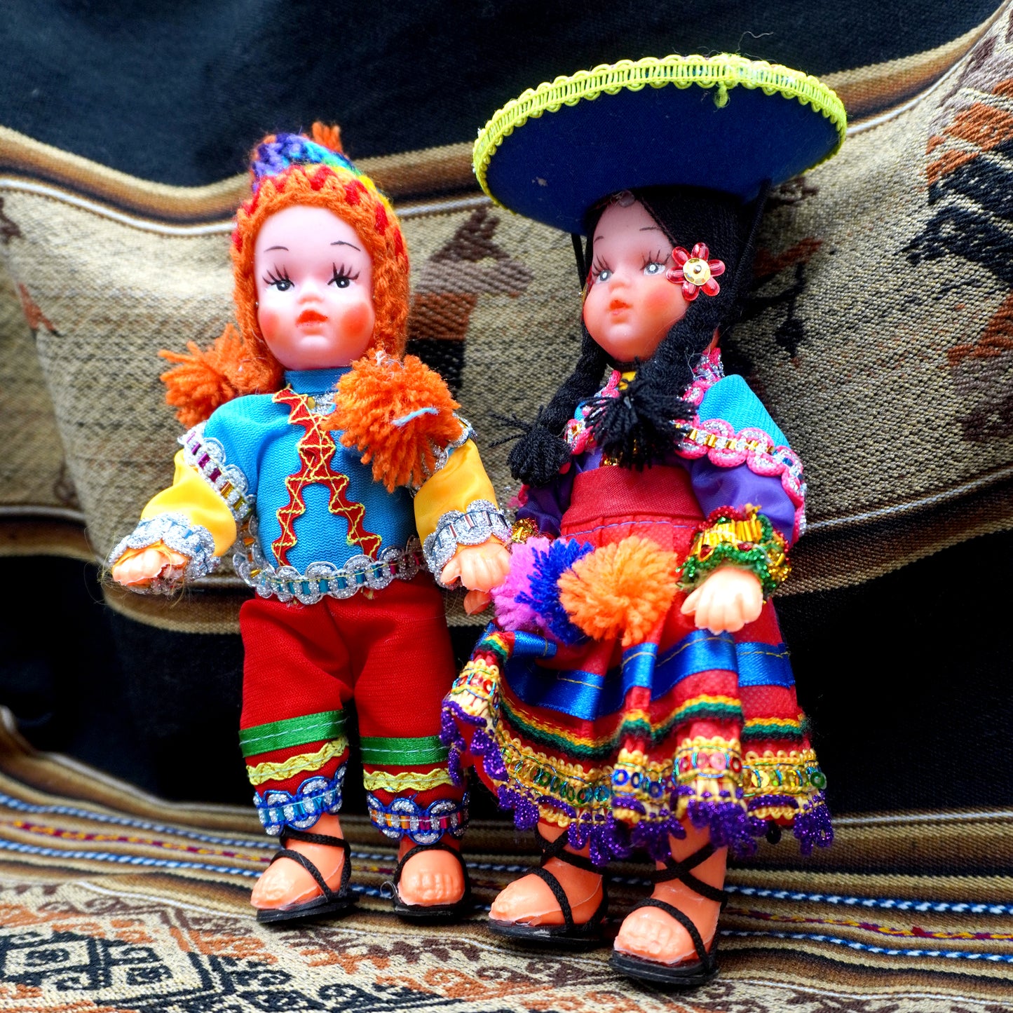 Pair of Andean Dolls with Handmade Traditional Outfits - orange