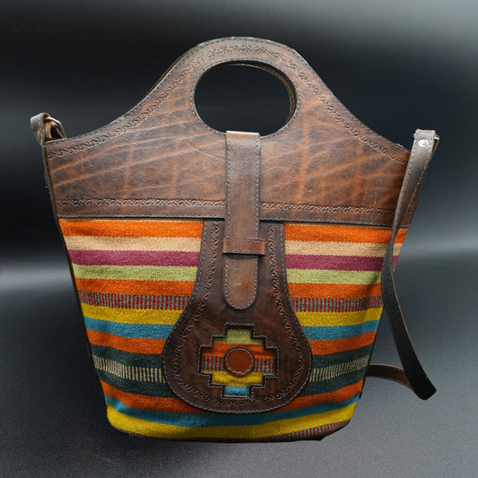 Large Peruvian Leather Handbag with Inca Textile – Handcrafted Artisan Design