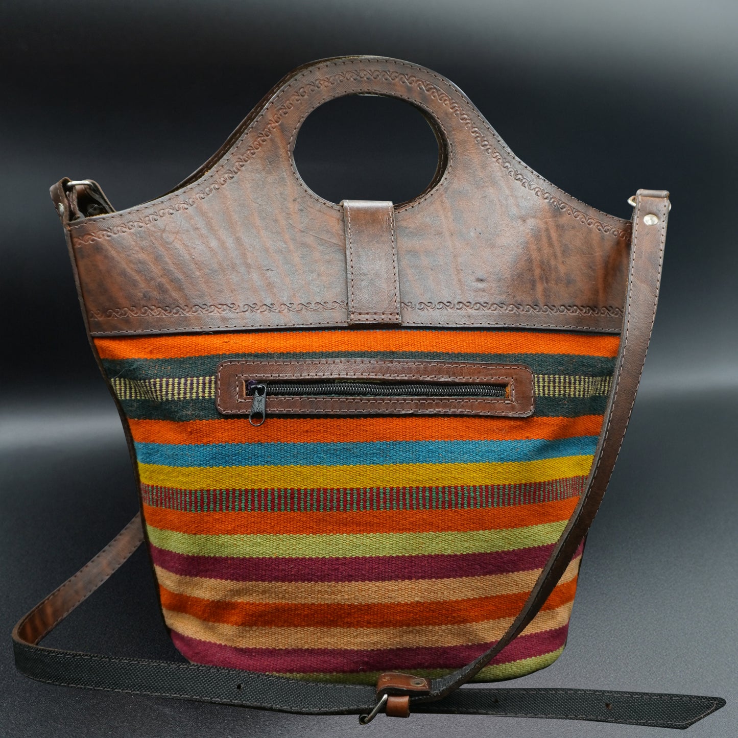 Large Peruvian Leather Handbag with Inca Textile – Handcrafted Artisan Design