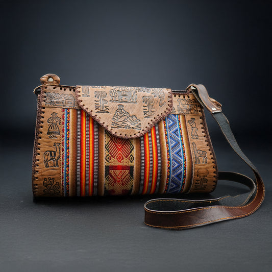 Large Peruvian Leather Handbag – Hand-Embossed with Andean Textile
