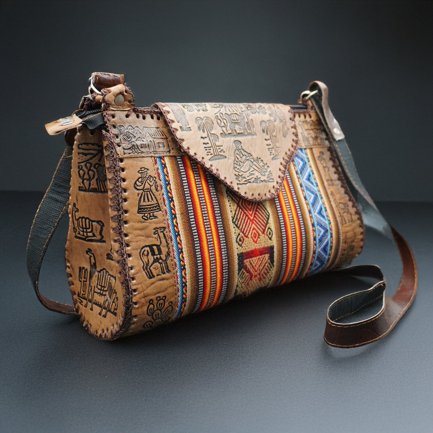 Large Peruvian Leather Handbag – Hand-Embossed with Andean Textile