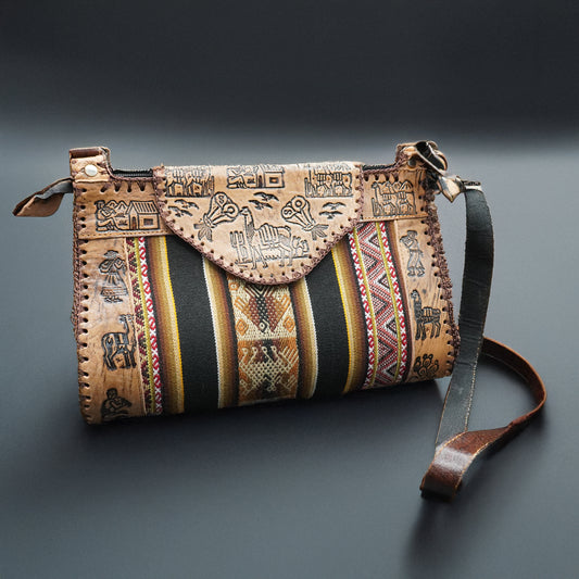 Large Peruvian Leather Handbag – Hand-Embossed with Black Andean Textile