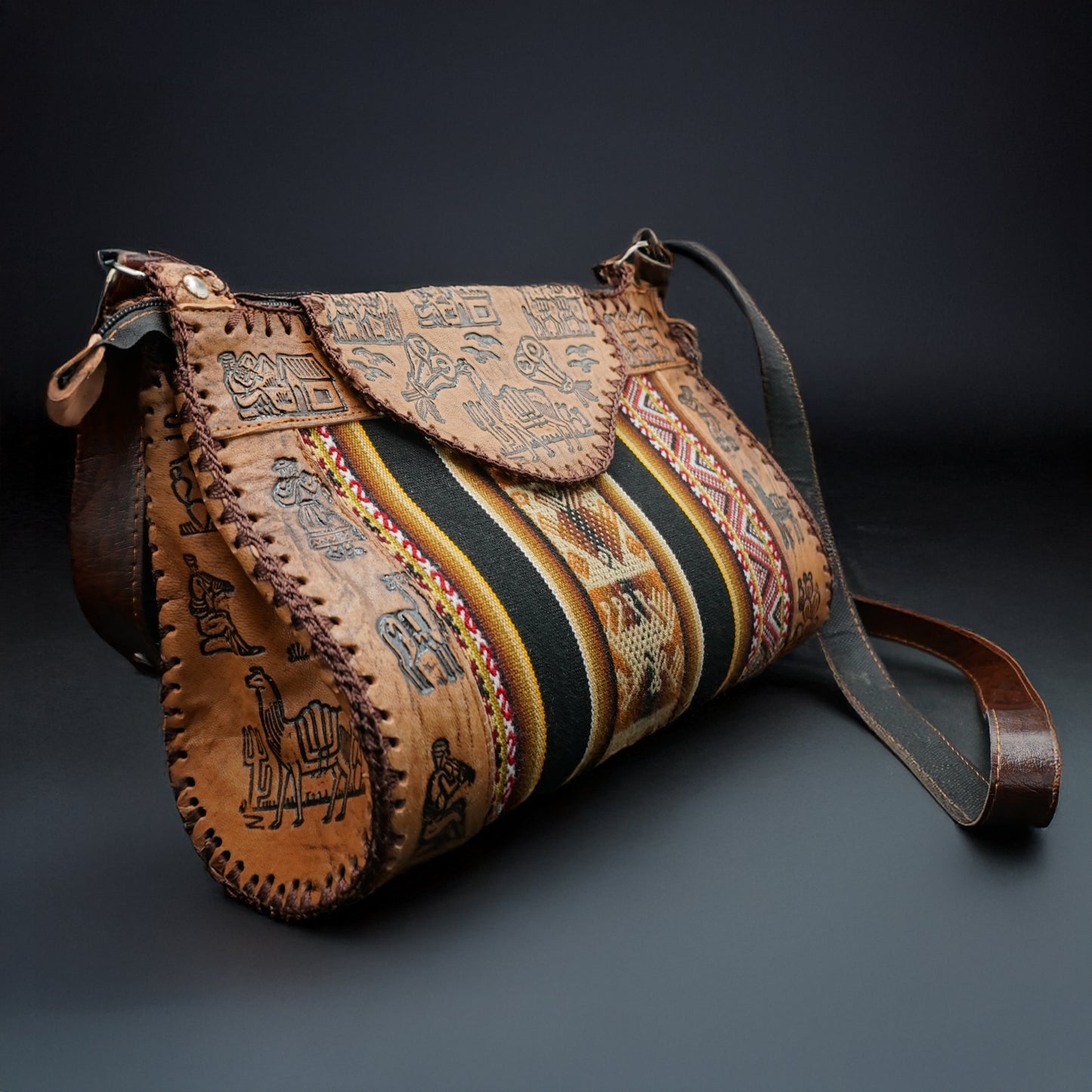Large Peruvian Leather Handbag – Hand-Embossed with Black Andean Textile