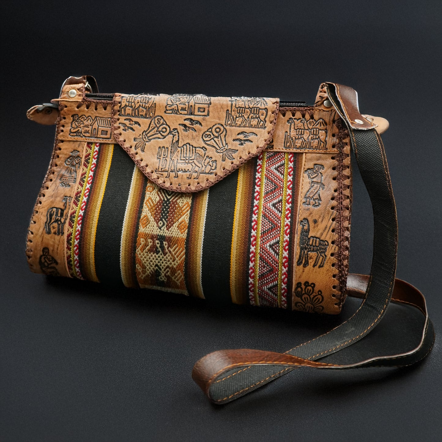 Large Peruvian Leather Handbag – Hand-Embossed with Black Andean Textile