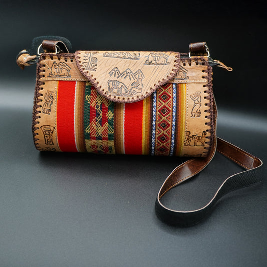 Large Peruvian Leather Handbag – Hand-Embossed with Red Andean Textile