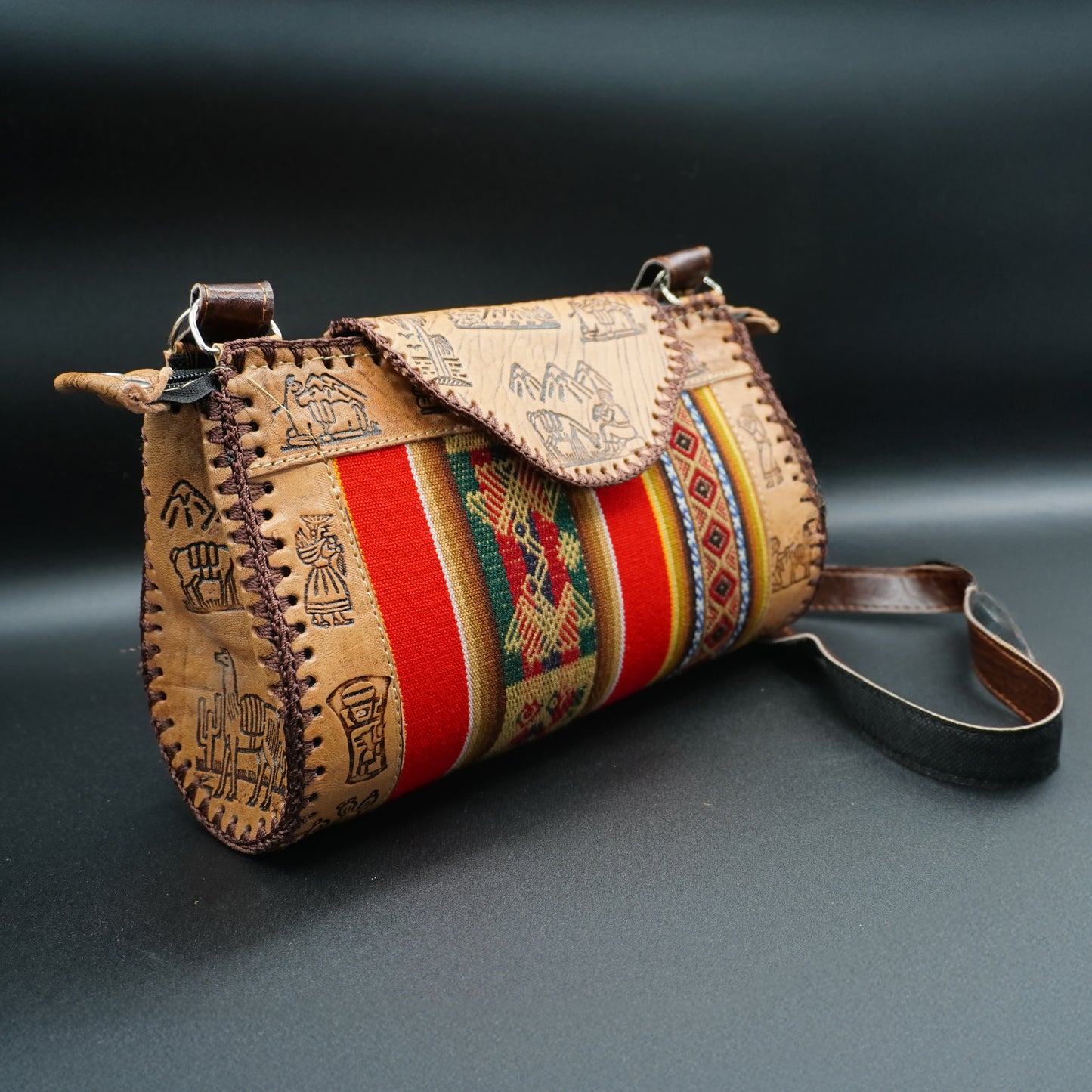 Large Peruvian Leather Handbag – Hand-Embossed with Red Andean Textile