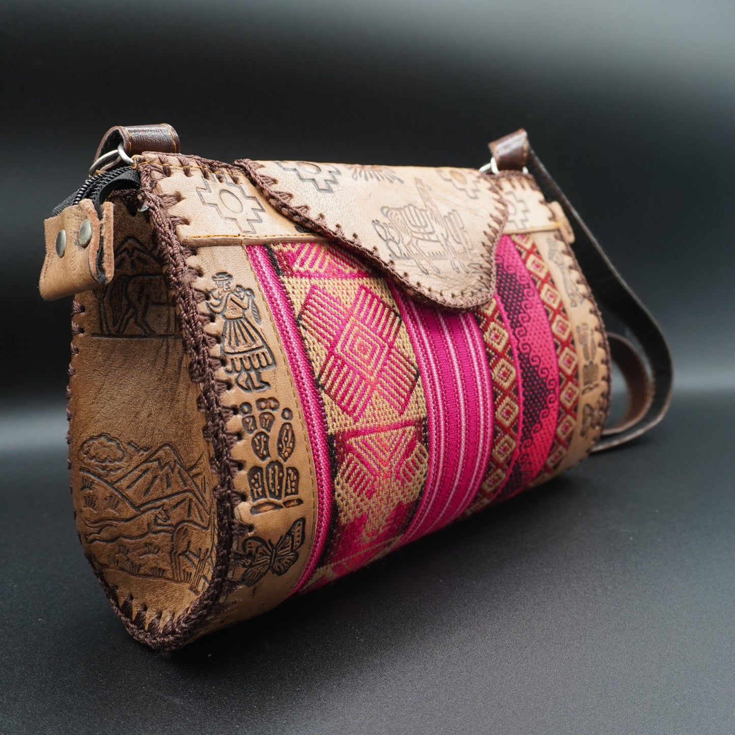 Medium Peruvian Leather Handbag – Hand-Embossed with Pink Andean Textile