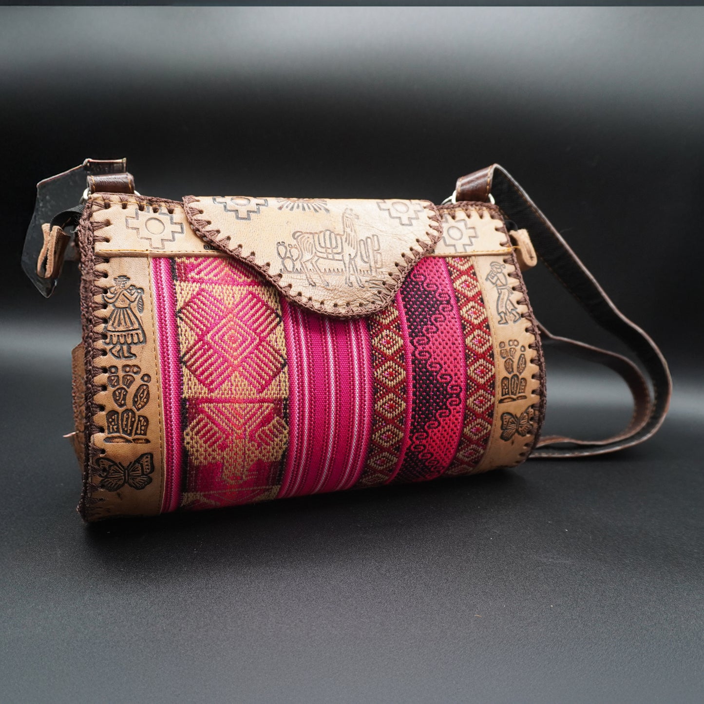 Medium Peruvian Leather Handbag – Hand-Embossed with Pink Andean Textile