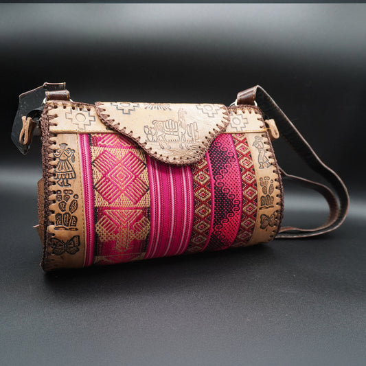 Medium Peruvian Leather Handbag – Hand-Embossed with Pink Andean Textile