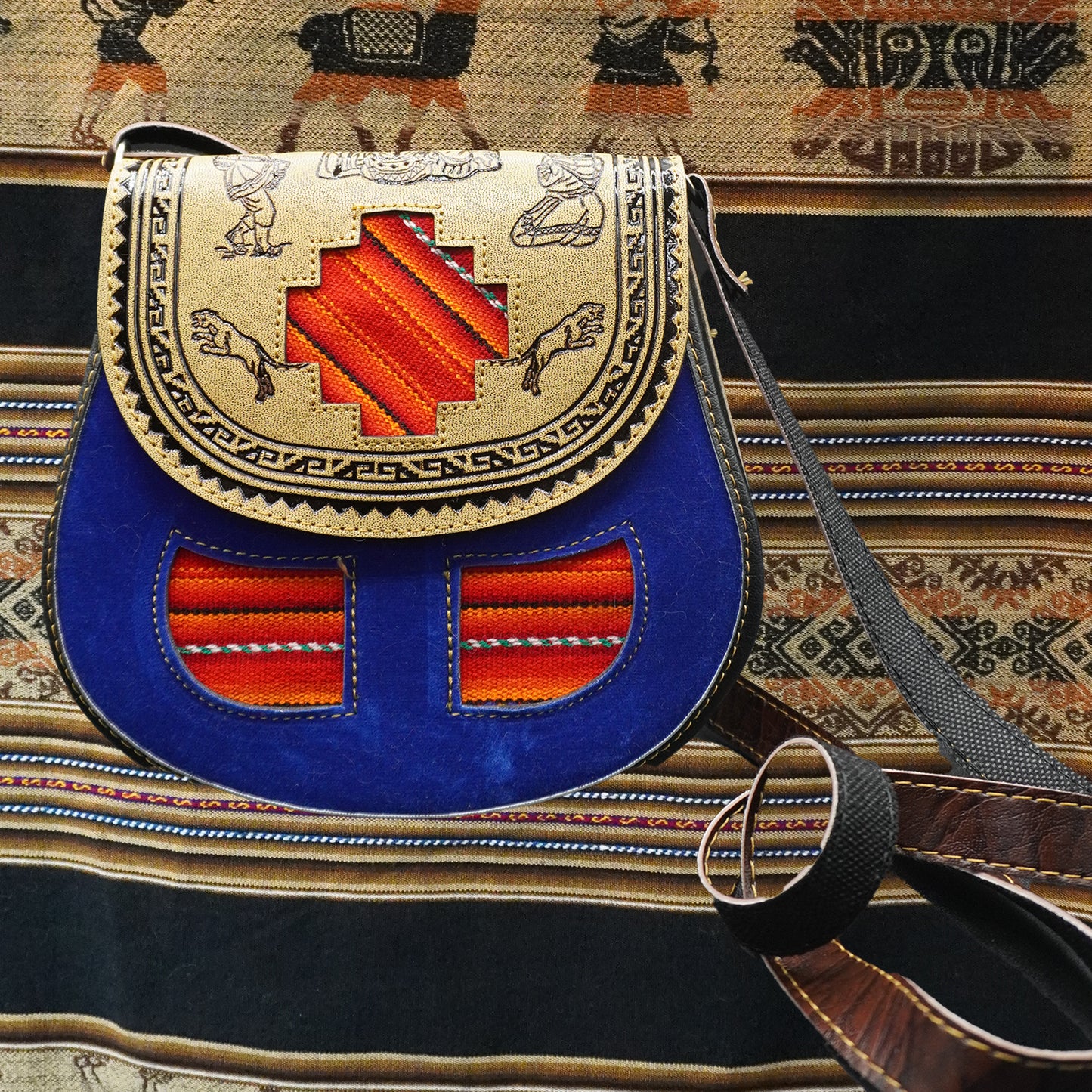 Small Peruvian Leather Handbag – Hand-Embossed with Blue Andean Textile