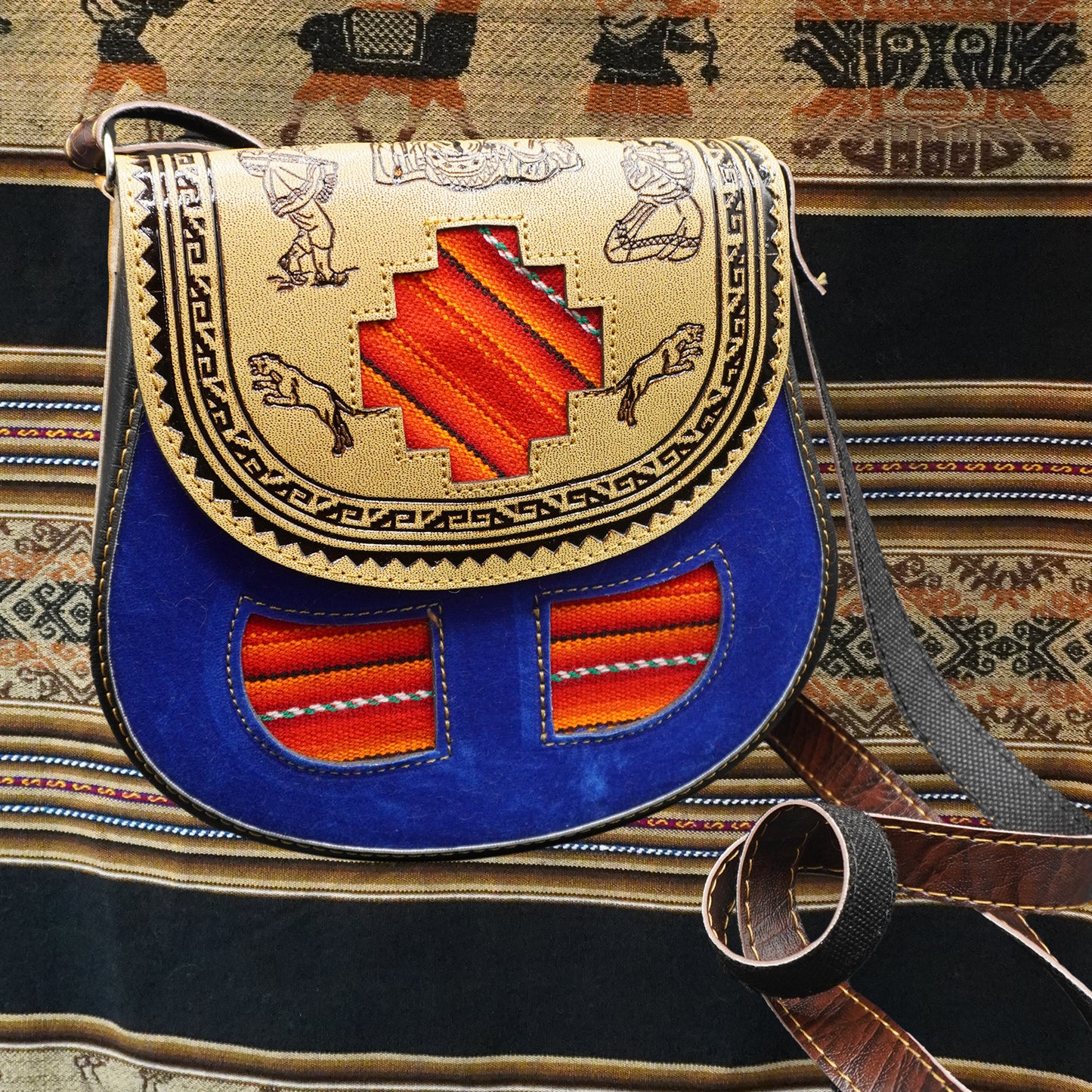 Small Peruvian Leather Handbag – Hand-Embossed with Blue Andean Textile