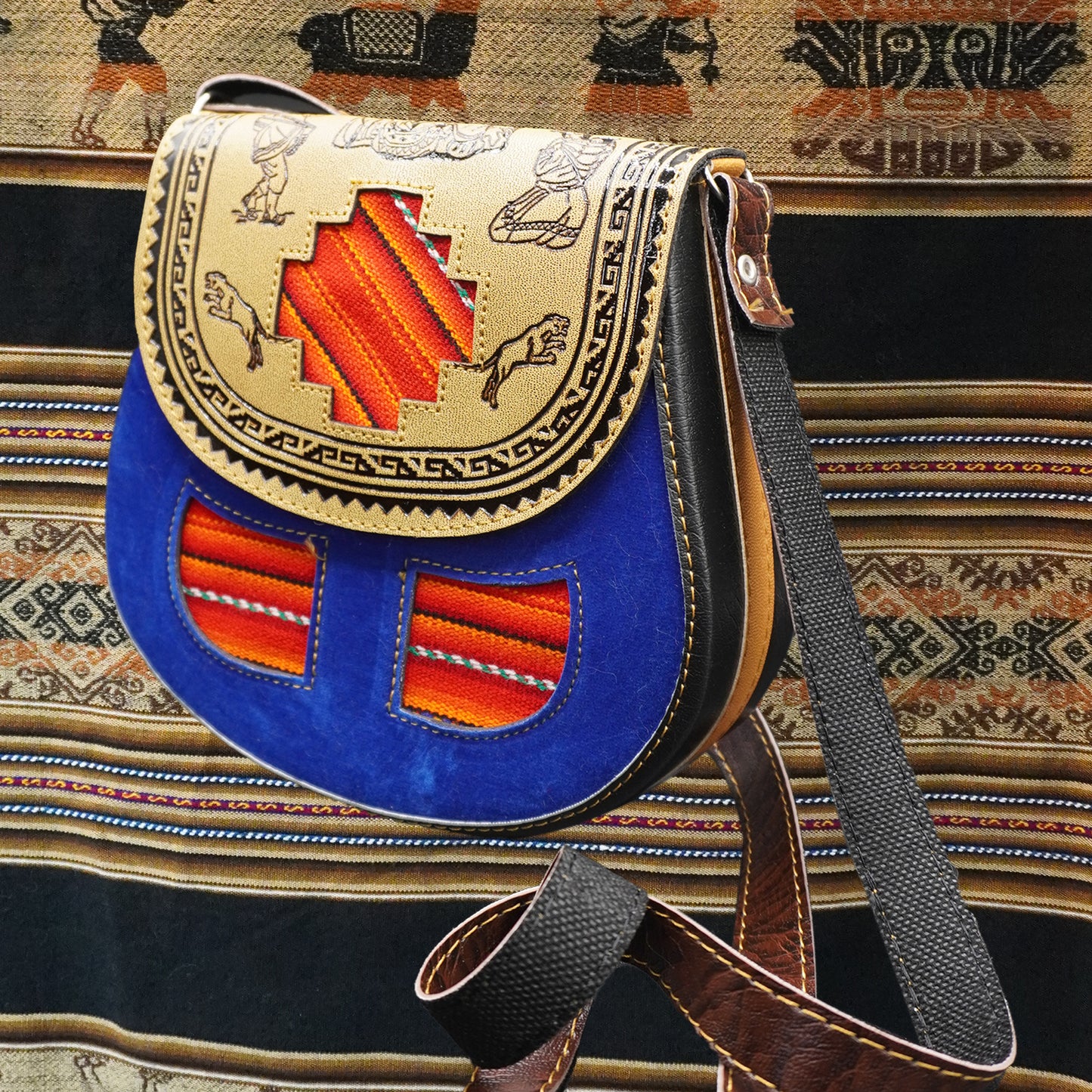 Small Peruvian Leather Handbag – Hand-Embossed with Blue Andean Textile