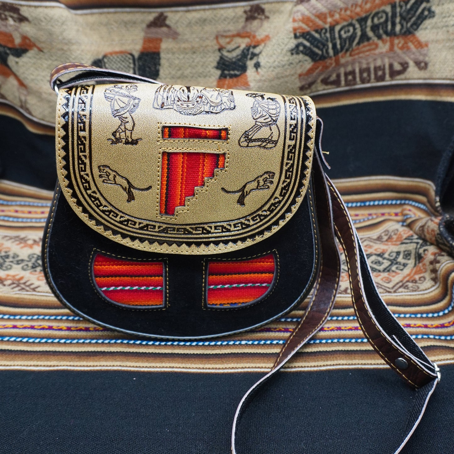 Small Peruvian Leather Handbag – Hand-Embossed with Black Andean Textile