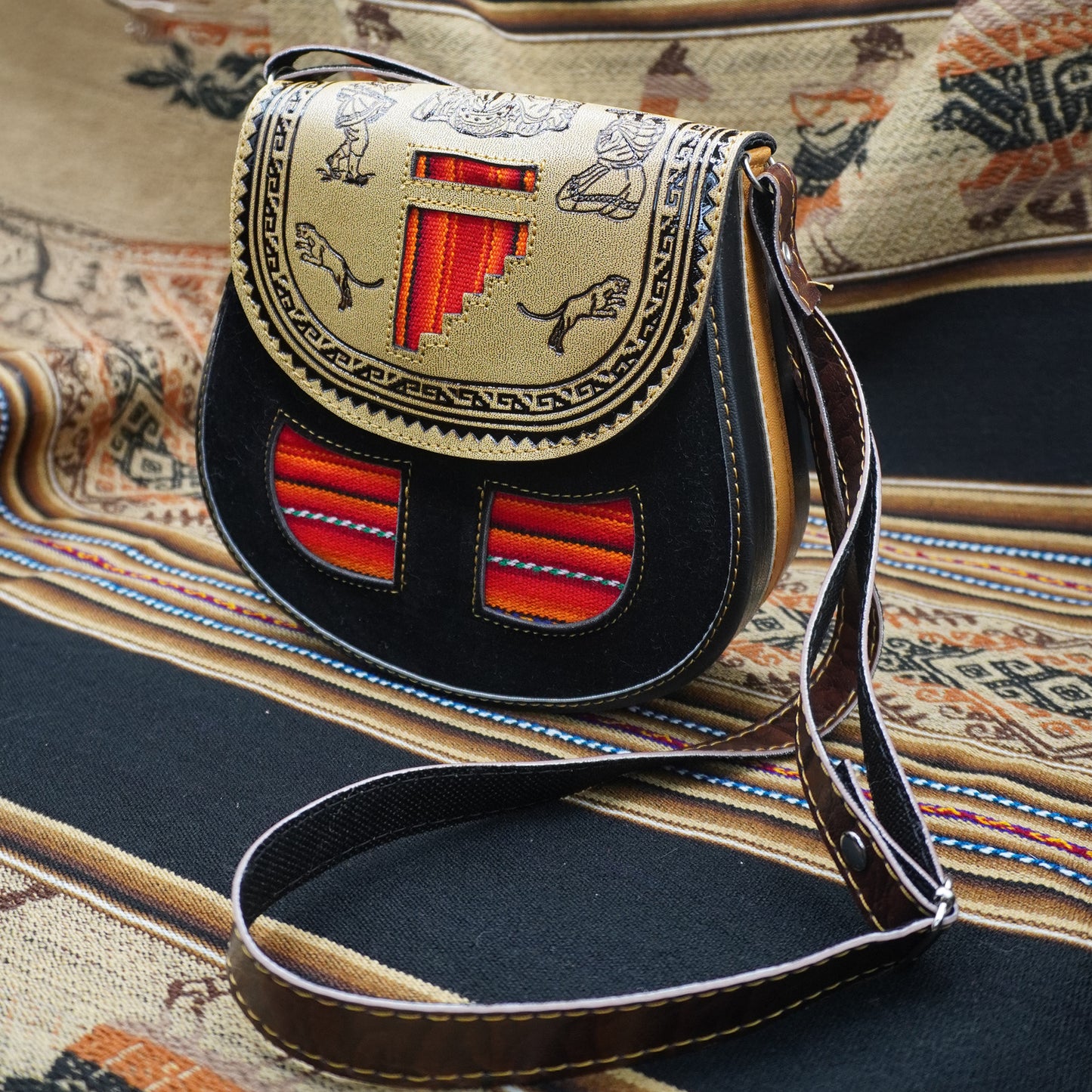 Small Peruvian Leather Handbag – Hand-Embossed with Black Andean Textile