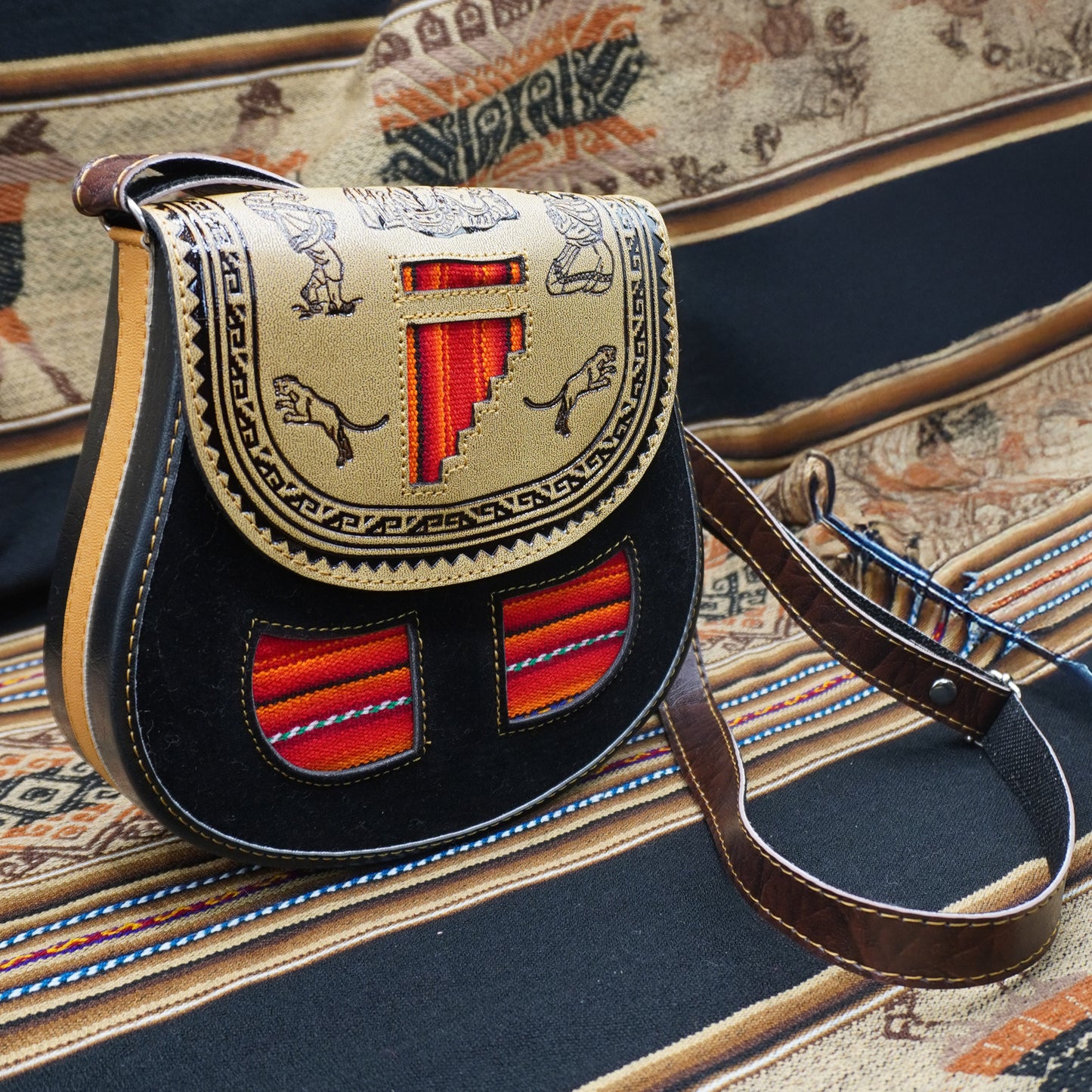 Small Peruvian Leather Handbag – Hand-Embossed with Black Andean Textile
