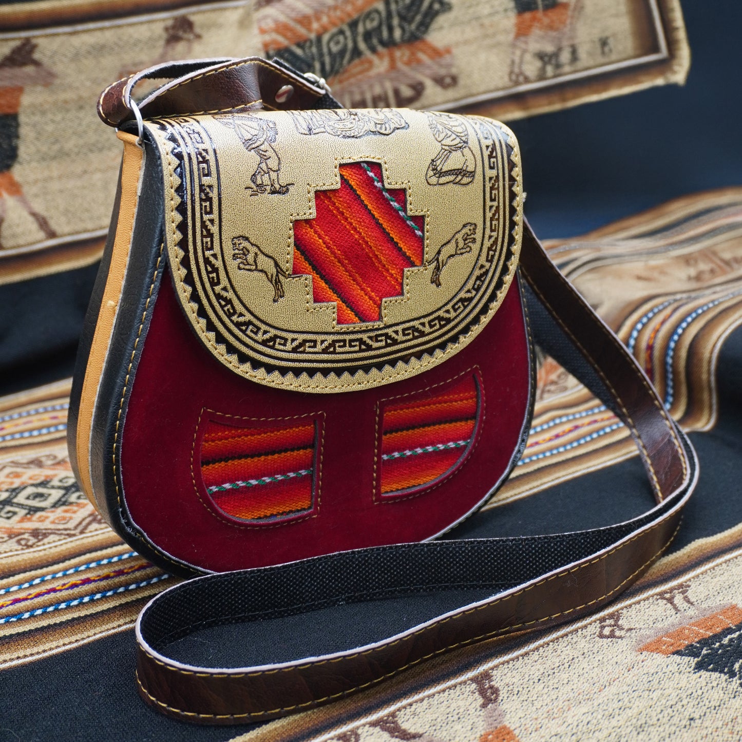 Small Peruvian Leather Handbag – Hand-Embossed with Red Andean Textile