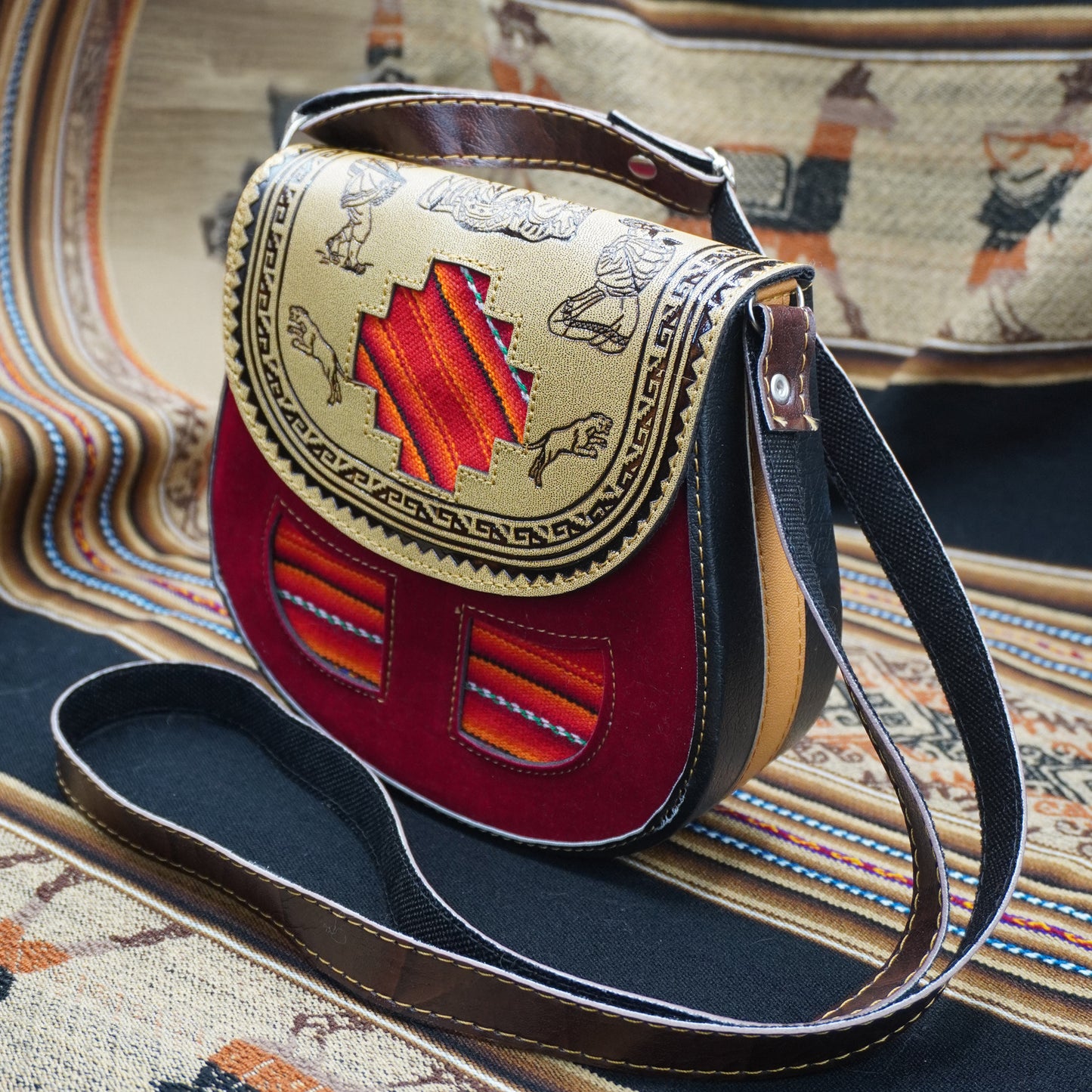Small Peruvian Leather Handbag – Hand-Embossed with Red Andean Textile