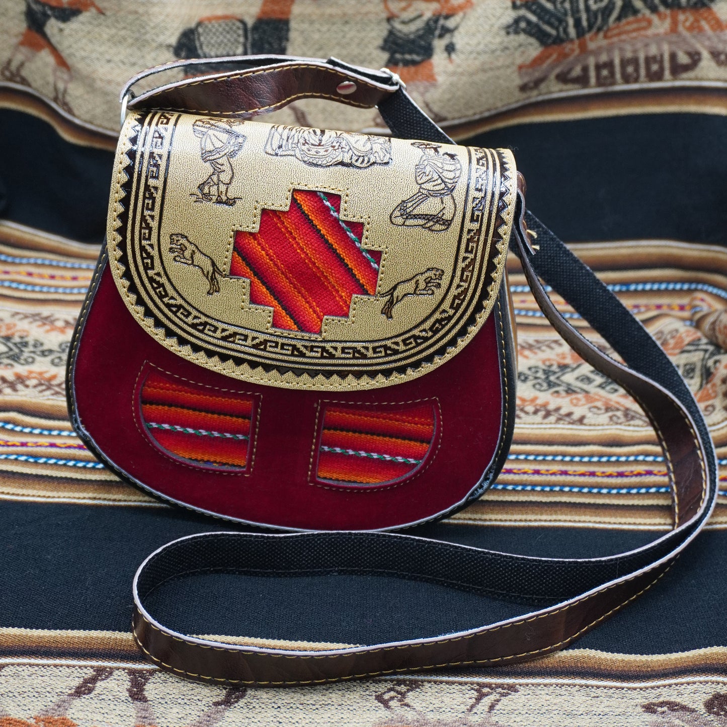 Small Peruvian Leather Handbag – Hand-Embossed with Red Andean Textile