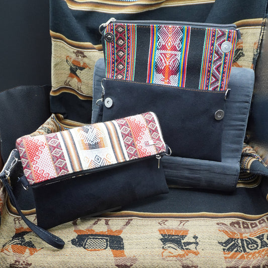 Black 2-in-1 Peruvian Leather Handbag with Andean Textile – Shoulder & Crossbody