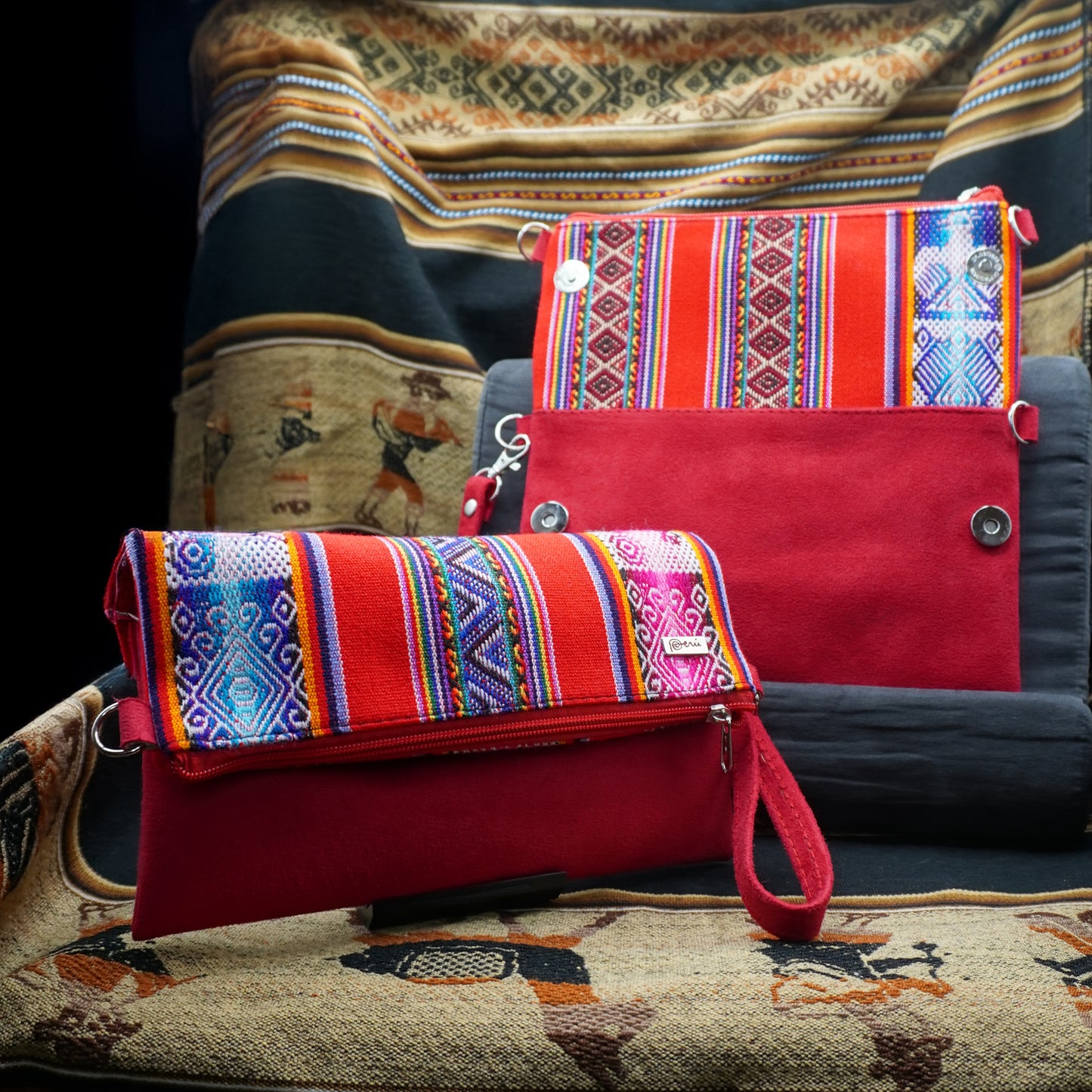 Red 2-in-1 Peruvian Leather Handbag with Andean Textile – Shoulder & Crossbody