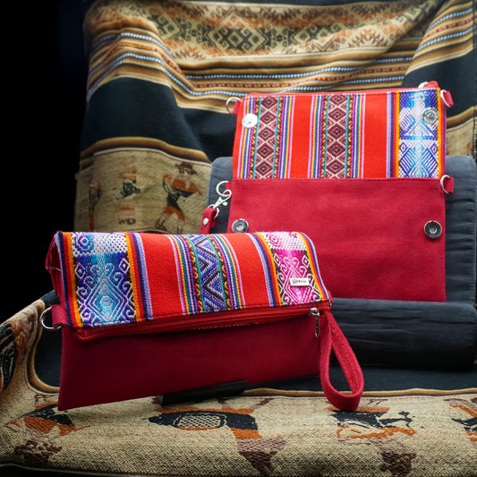 Red 2-in-1 Peruvian Leather Handbag with Andean Textile – Shoulder & Crossbody