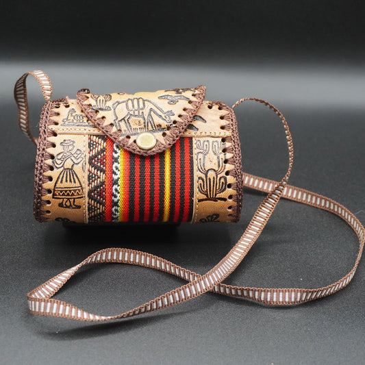 Mini Embossed Leather Handbag with Andean Textile