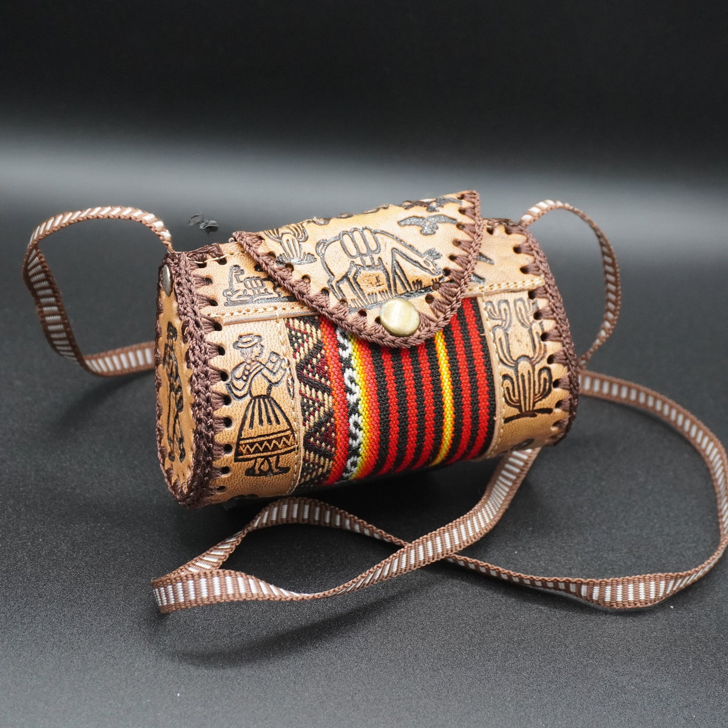 Mini Embossed Leather Handbag with Andean Textile