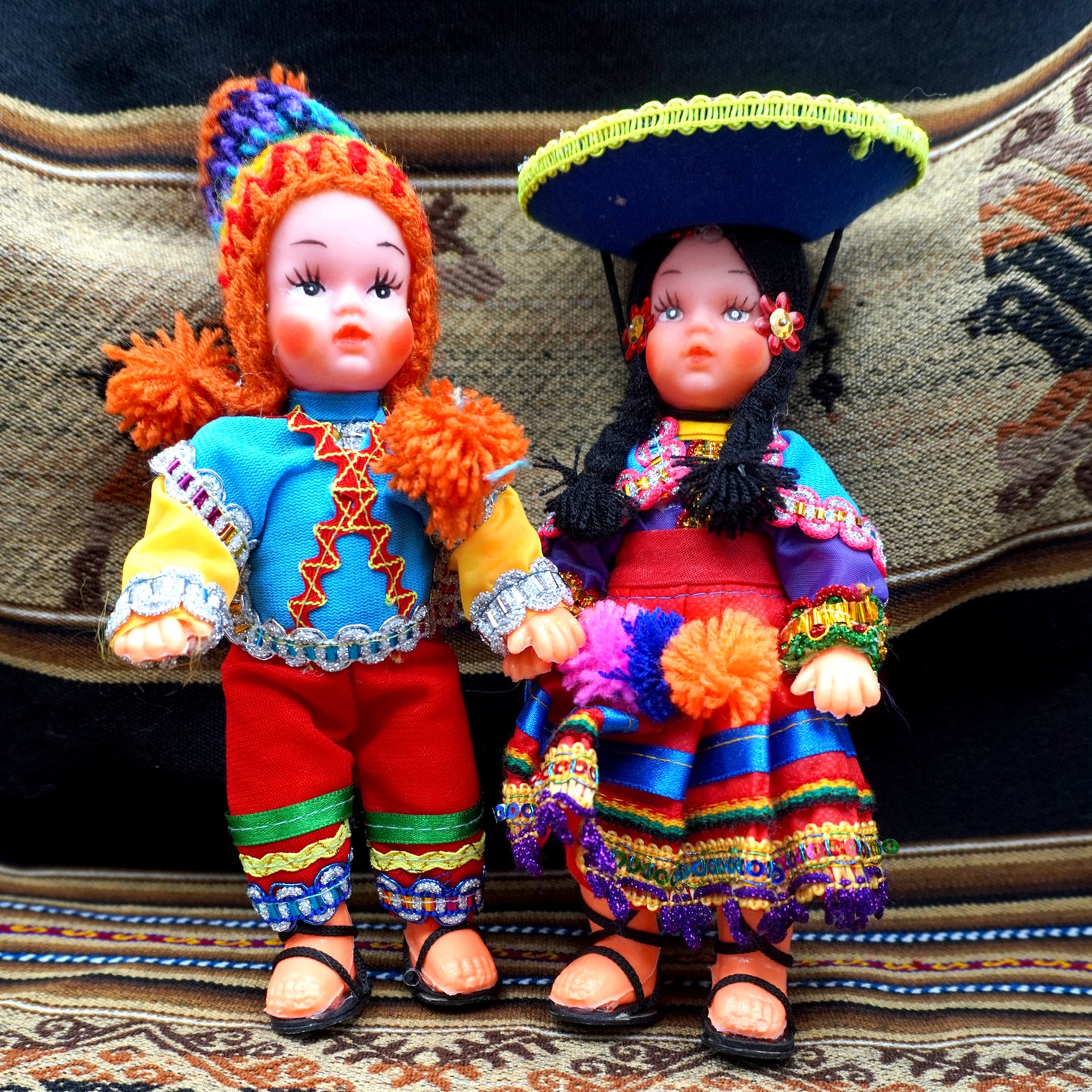 Pair of Andean Dolls with Handmade Traditional Outfits - orange