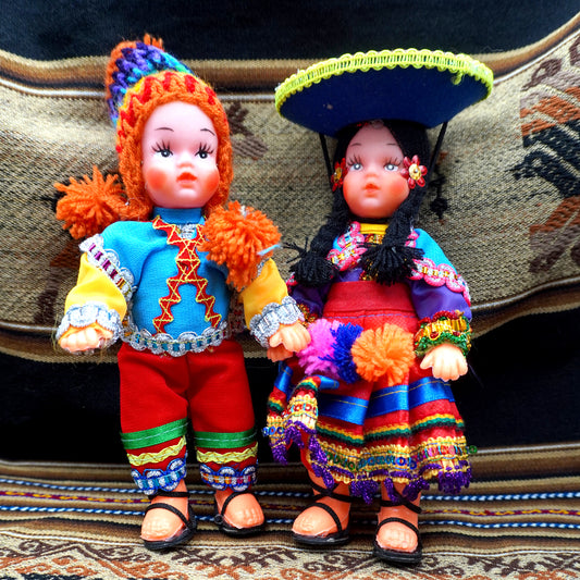 Pair of Andean Dolls with Handmade Traditional Outfits - orange