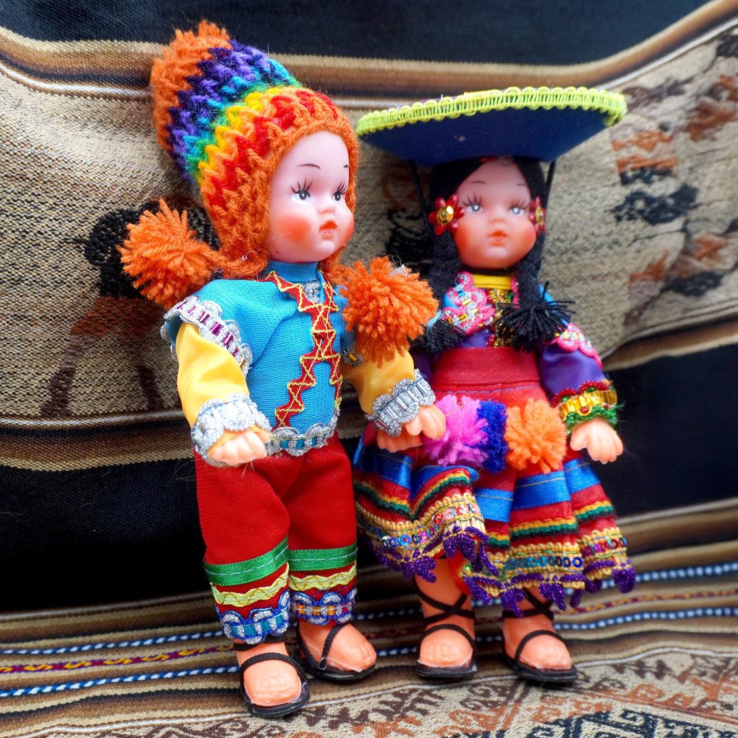 Pair of Andean Dolls with Handmade Traditional Outfits - orange