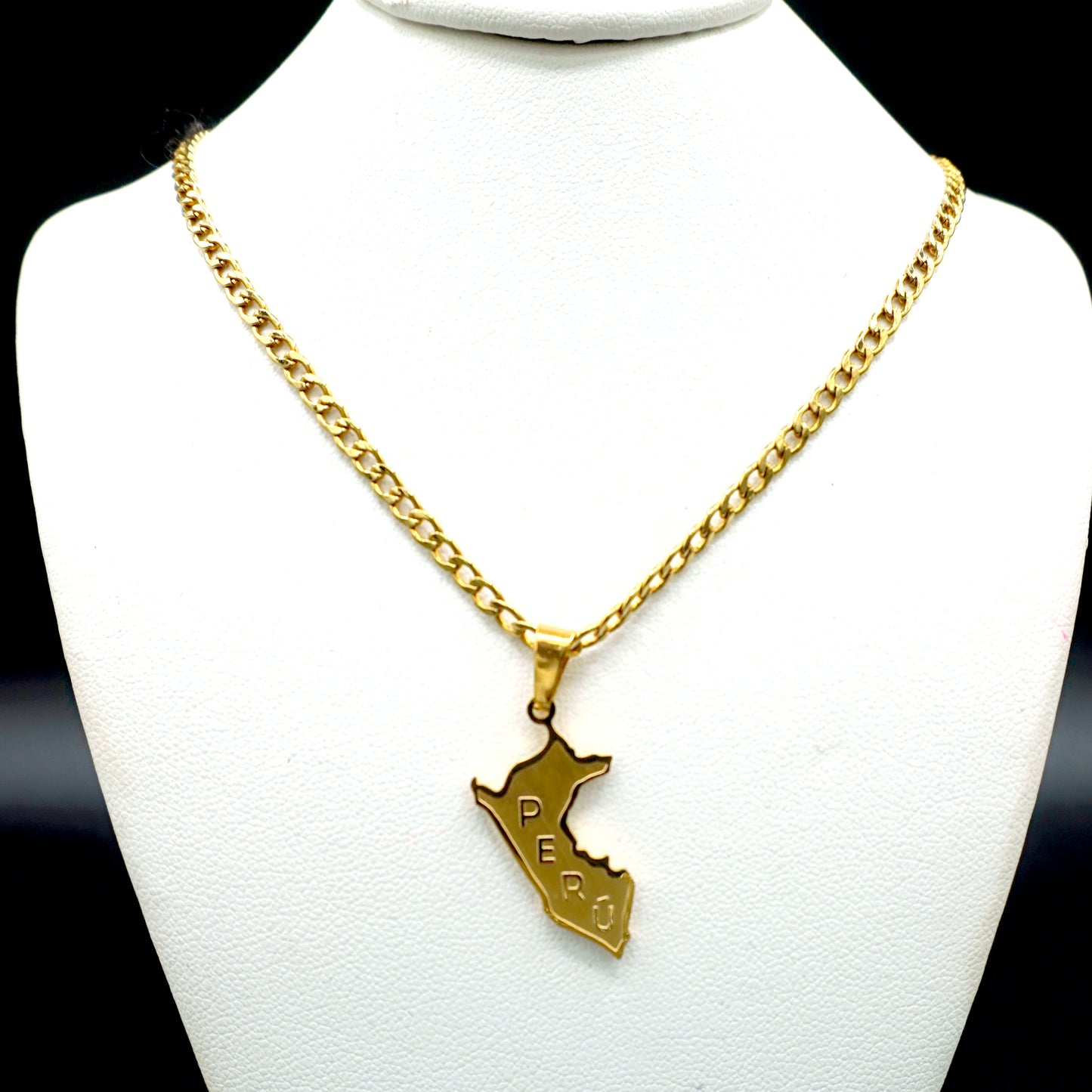 Peru map outline pendant necklace with  the letters PERU