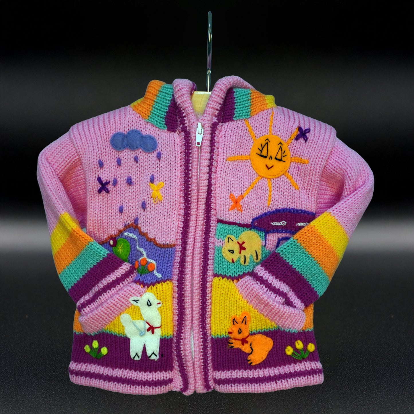 Peruvian Hand-Knit Wool Cardigan | Andean Embroidered Sweater - Size 2