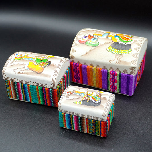 Set of 3 handcrafted nesting-style jewelry boxes in embossed, hand-painted leather